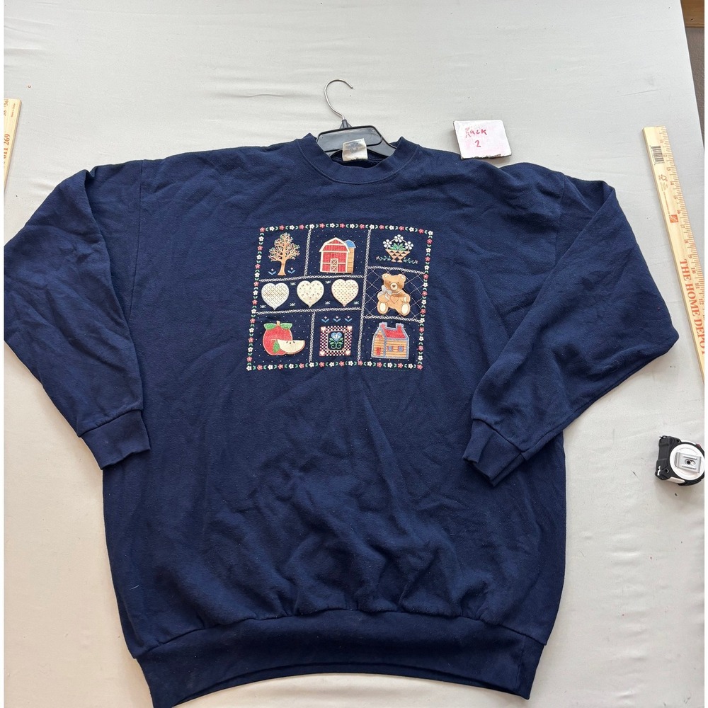 Vintage 1984 Santee by Pluma Navy Blue Folk Art Graphic Sweatshirt XXXL USA Made